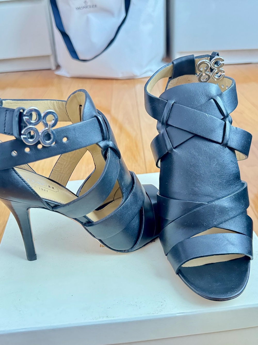 Coach Black Leather Crisscross Strappy Heels with Silver Buckles